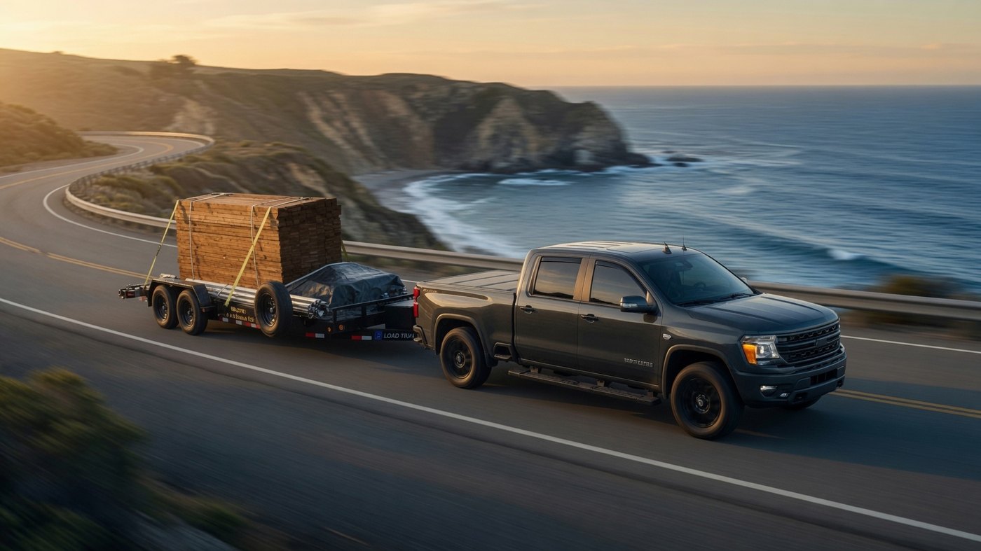Pickup truck towing a dual-axle Load Trail trailer loaded with lumber along a scenic coastal highway at sunset